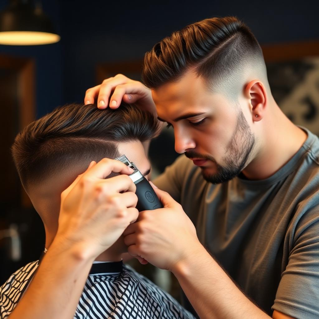 Barbeiro a executar um corte masculino na ARJ Barbearia
